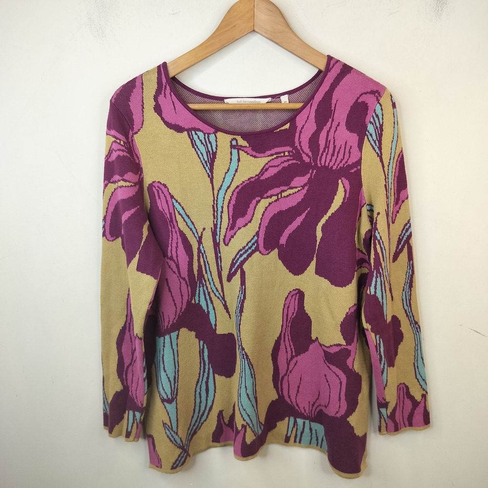 Soft Surroundings Floral Sweater Petite Small Artistic Purple Mustard Cotton